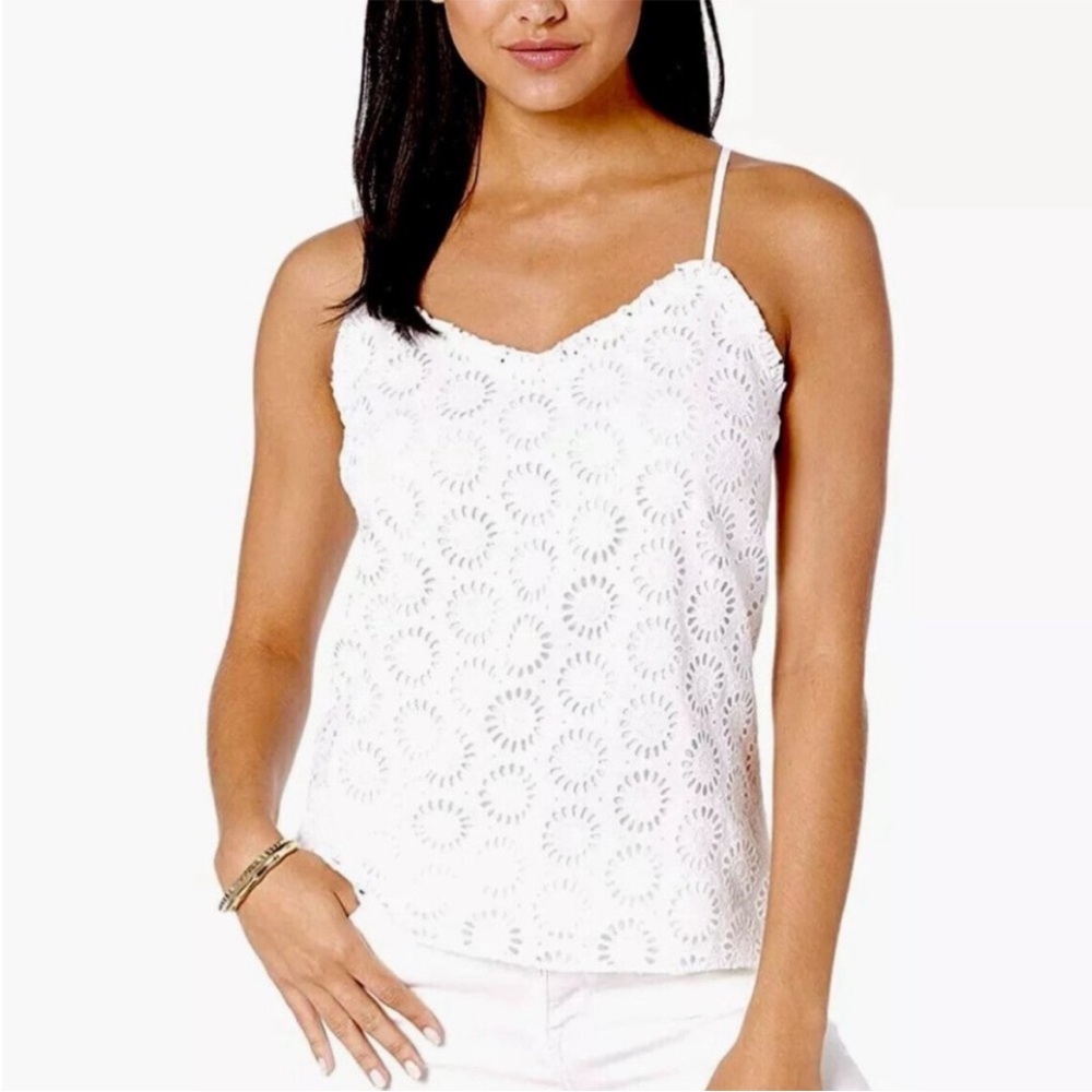Lilly Pulitzer Ruffled Dusk Tank Top Sunshine Eyelet Ruffle Trim White XS NWT